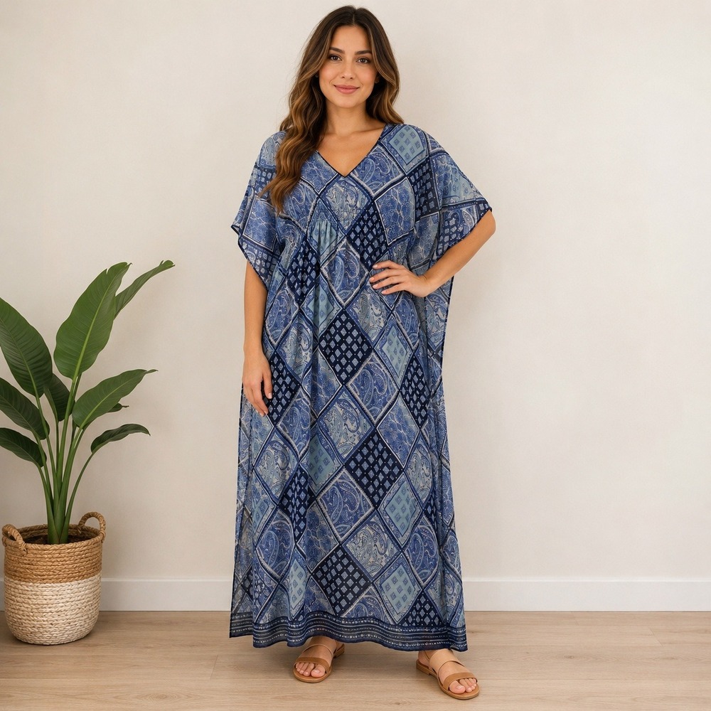 MPH Collection Blue‎ Patchwork Paisley Kaftan Maxi Dress Womens PM V-Neck Lined